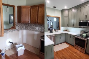 Side-by-side view of kitchen remodel before and after with new sage green cabinets and white countertops