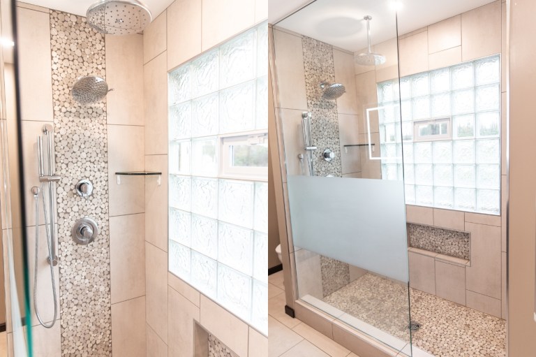 Walk-in shower with glass block, tile, and dual shower heads
