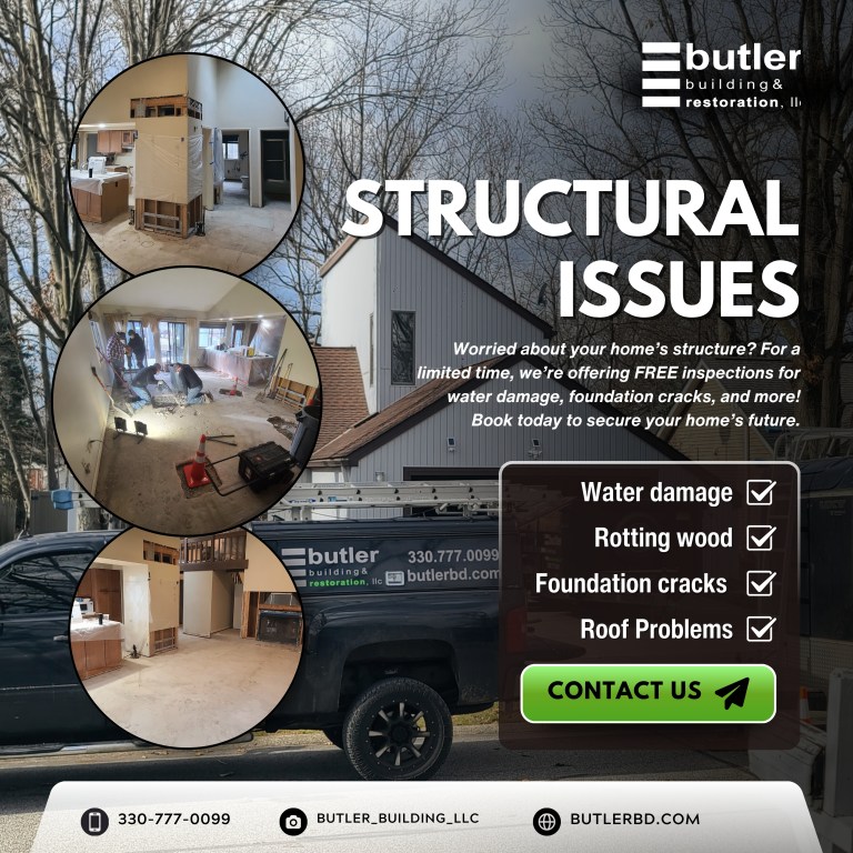 Flyer from Butler Building & Restoration, LLC, showcasing structural issues repair services. The flyer features images of home construction work and highlights water damage, rotting wood, foundation cracks, and roof problems as key issues addressed. Contact information and the company logo are visible, promoting free inspections.