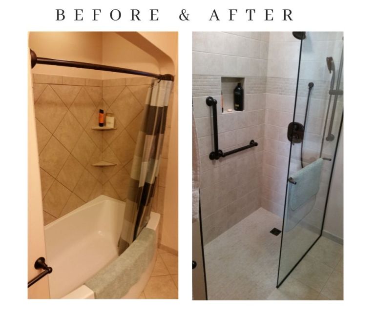 Before and after photos of a bathroom remodel, transitioning from a tub with tiled walls to a modern walk-in shower with glass panels and sleek fixtures.