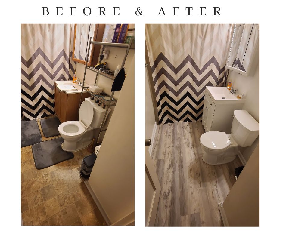 Before and after photos of a compact bathroom renovation, featuring updated flooring, a new vanity, and a refreshed design.