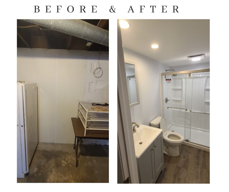 Before and after photos of a basement bathroom installation, converting an empty space into a fully functional bathroom with a shower, toilet, and sink.
