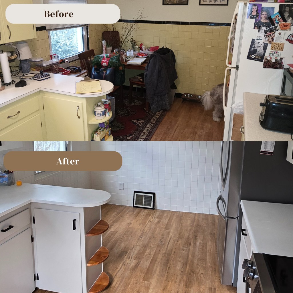 Before-and-after comparison of a kitchen showing outdated yellow cabinets replaced with fresh white cabinetry, matte-black hardware, a black sink, and updated countertops.