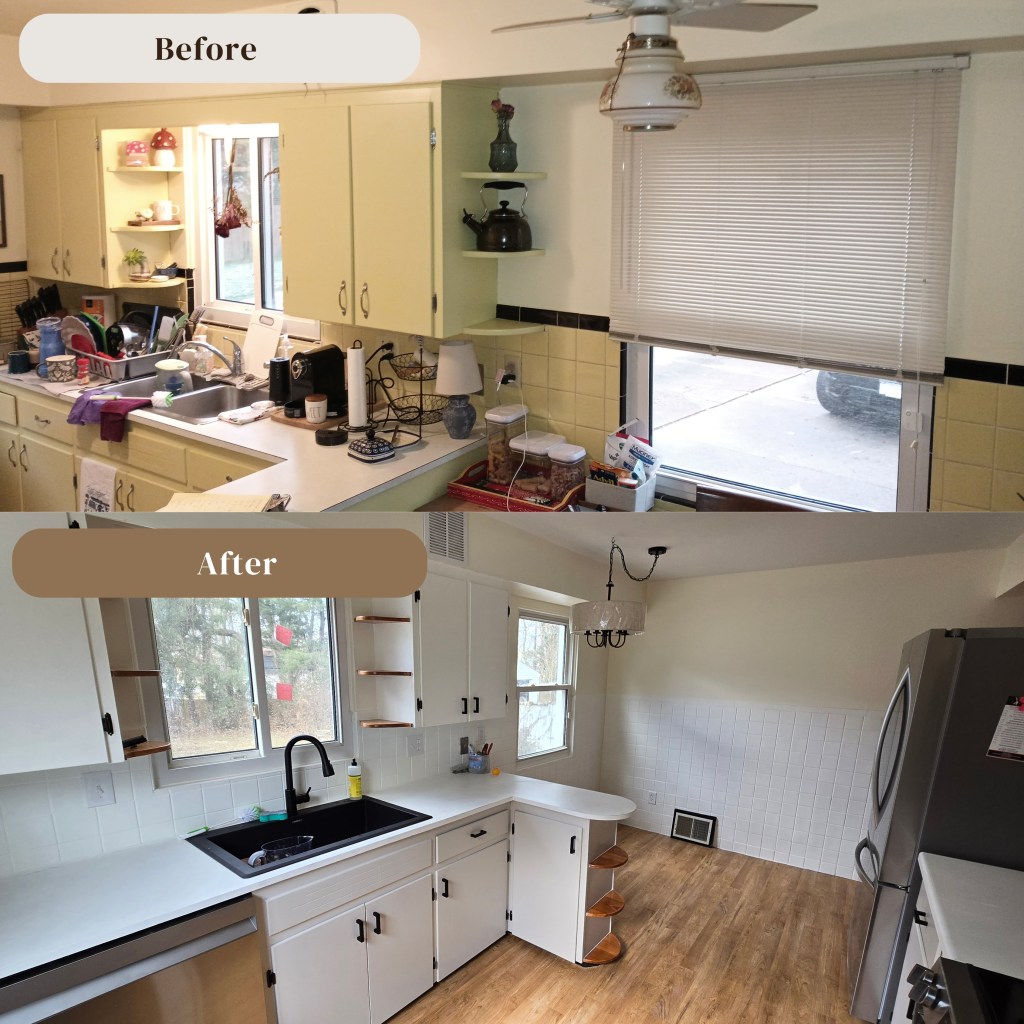 Before-and-after image showing an older kitchen with yellow tile and cluttered counters transformed into a clean, modern space with white cabinetry, new flooring, and fresh updated walls.