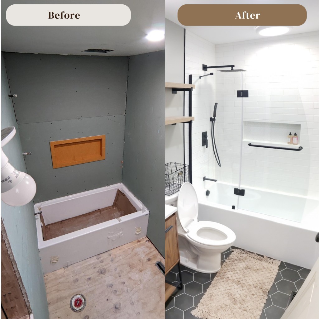 Modern bathroom shower with white tile walls, built-in shower niche, black fixtures, and glass panel installed by a local general contractor.