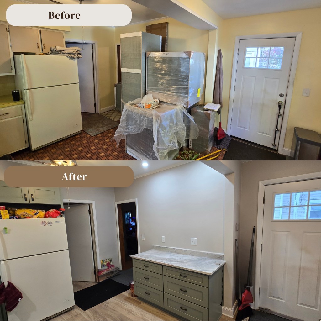 Before-and-after comparison of a kitchen corner showing cluttered storage replaced with a new sage green cabinet and marble-look countertop.