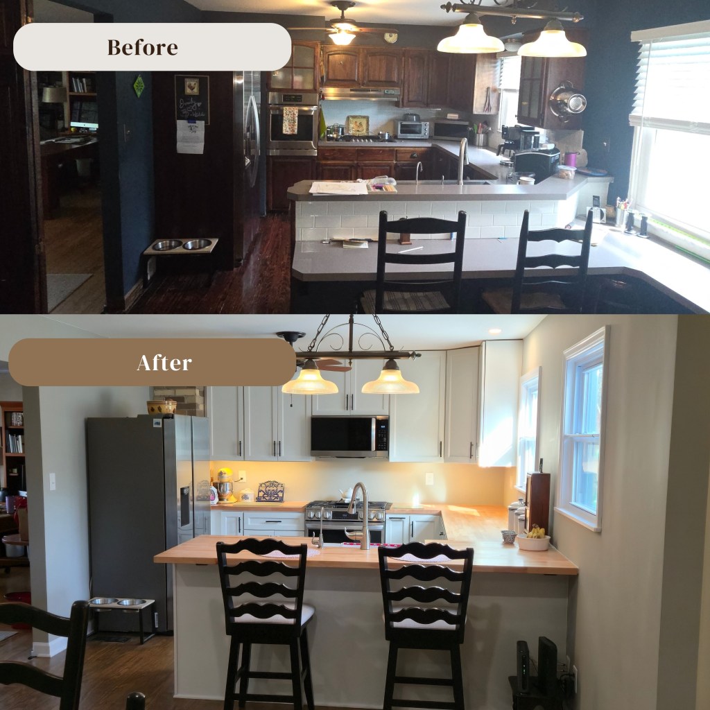 Transformation of a dark, outdated kitchen into a bright remodel featuring white cabinets, butcher block counters, new lighting, and stainless appliances.