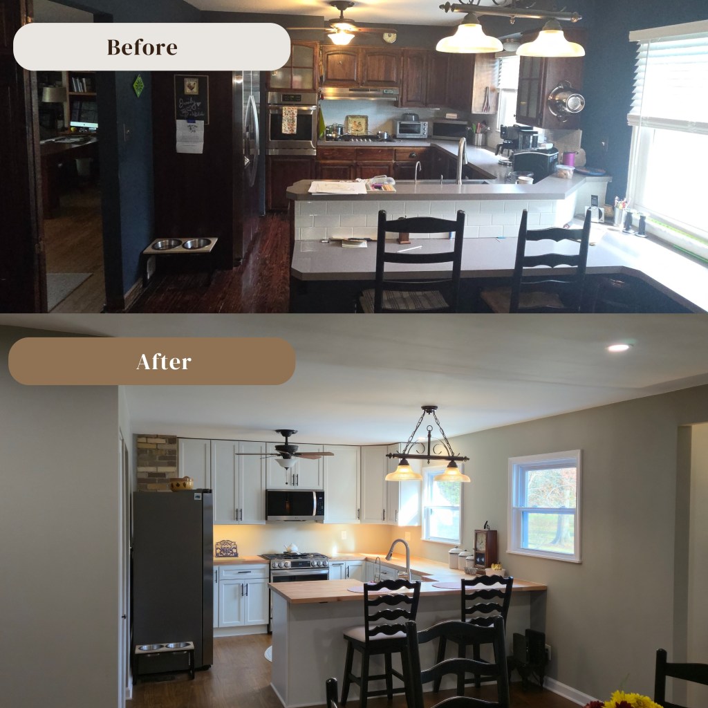 Before-and-after kitchen remodel showing dark wood cabinets transformed into a bright modern kitchen with white shaker cabinets, butcher block countertops, stainless steel appliances, and updated lighting by local remodeling contractors.