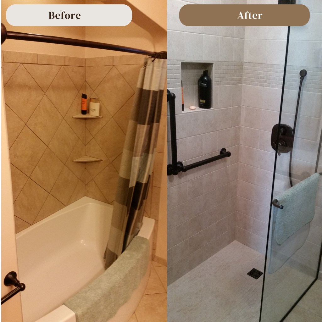 Before and after tub to walk-in shower remodel featuring modern tile, glass shower door, and grab bar in Akron, Ohio bathroom renovation.