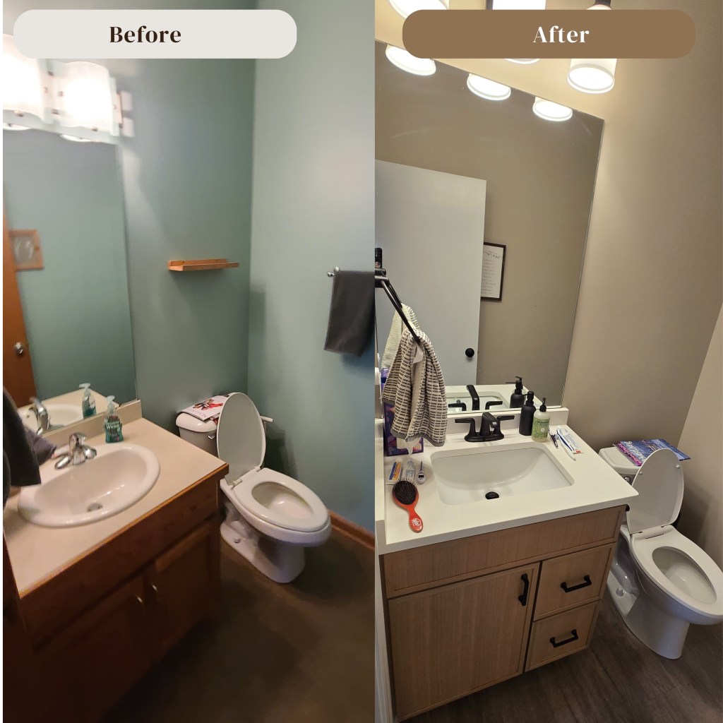 Before and after bathroom vanity remodel with new wood vanity, quartz countertop, modern faucet, and upgraded lighting in Akron, Ohio.
