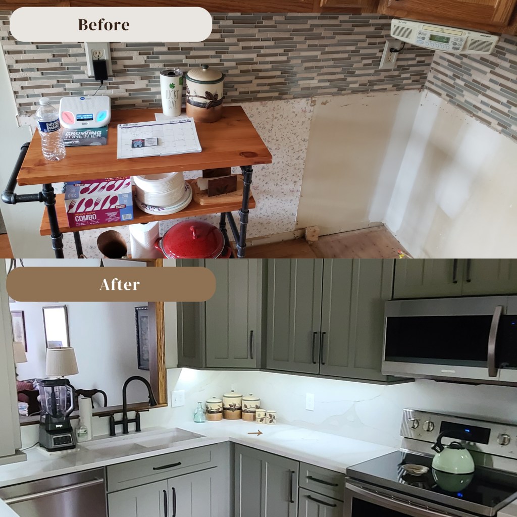 Before-and-after photo of a kitchen remodel showing outdated laminate surfaces replaced with sage green Shaker cabinets, white quartz countertops, a new sink, and updated appliances.